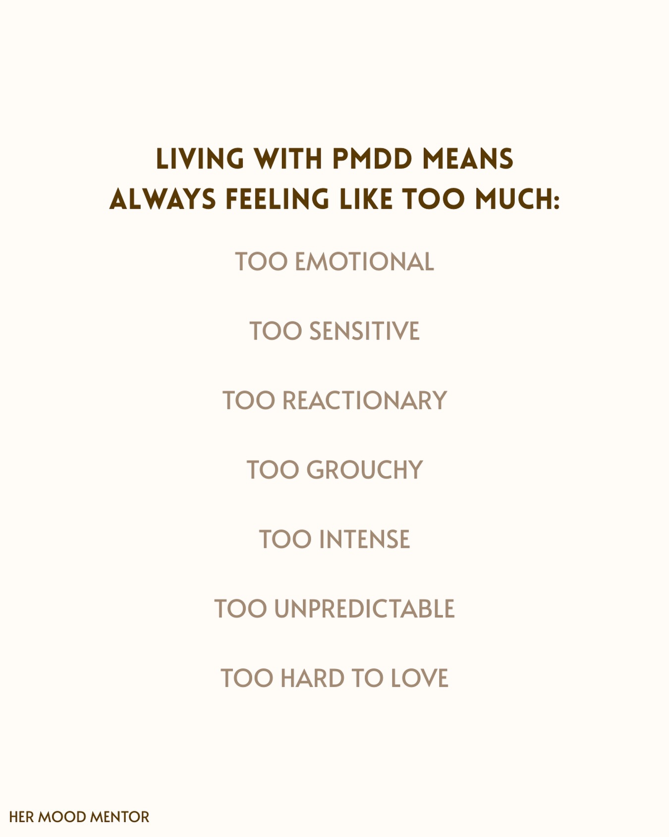 Living with PMDD means always feeling like too much, even when you’re trying your hardest to be small.

It means never fully knowing if you’ll be able to show up to the event…or if halfway through, your nervous system will tap out and turn everything into survival mode.

It means constantly questioning yourself.

Your thoughts, beliefs, reactions, intuition…

Does everyone really hate me..?

Or is this PMDD talking?

Is this discomfort a red flag or just luteal phase brain?

Over time, that uncertainty erodes trust in yourself.

And that’s one of the hardest parts no one talks about.

Navigating a condition that distorts perception and amplifies emotion is a trip.

And the experience deserves understanding, support, and tools that actually help.

If this hit a little too close… please know that you’re not alone. 🫶

#pmdd #pmddawareness #menstrualhealth #hormonehealth #womenswellness